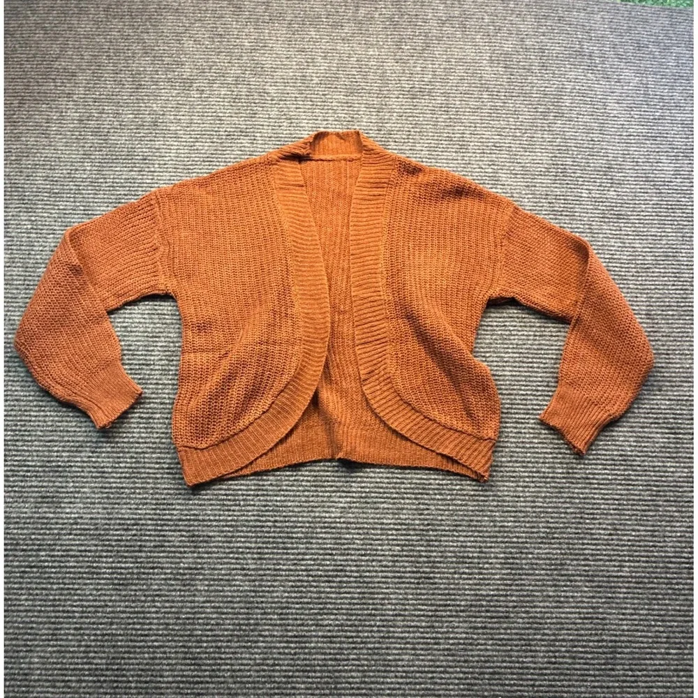 Burnt Orange Camel Open Front Knit Cardigan Relaxed Fit Curved Hem Bolero SZ XL